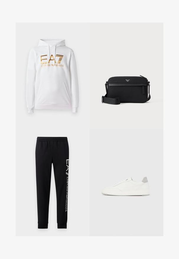 Biely mikina s predným vreckom, s kovovým zlatým logom "EA7 EMPORIO ARMANI". Mäkko tkaniny a rebrované manžety.; Čierne tepláky vyrobené z bavlnenej zmesi, s elastickým pásom, zúženými nohavicami, ribovanými manžetami a bielym logom na boku.; Biela nízka teniska so sivým pätovým pásikom, bielymi šnúrkami a členitou podrážkou, zobrazená na jednoduchom svetlom pozadí.; Čierna obdĺžniková crossbody taška s predným vreckom na zips, nastaviteľným popruhom a malým kovovým logom v hornej strede.