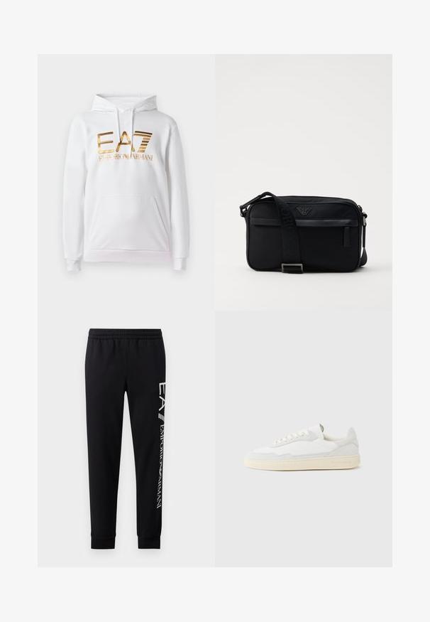 Hvid hoodie med en forlommes, der har et guldmetallic logo med teksten "EA7 EMPORIO ARMANI." Blødt stof og ribbede manchetter.; Sorte sweatpants lavet af en bomuldsblanding, med elastisk talje, smalle ben, ribbede manchetter og hvidt logo print langs siden.; Hvid sneakers med en øvre del i tekstureret ruskind og læder. Har rundet tå, snørelukning og kontrasterende beige gummisål.; Sorte nylon skuldertaske med en kontrasterende rem, slank rektangulær form, logo detaljer og en lynlåslomme på forsiden.