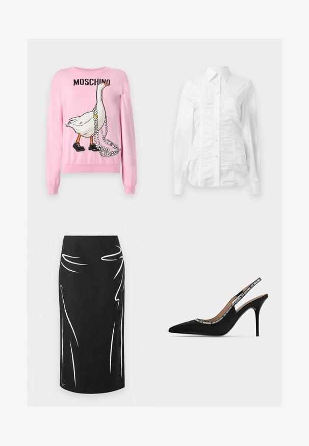 Pull en tricot rose à manches longues, avec un motif d'oie tenant des perles et portant des chaussures noires. "MOSCHINO" est imprimé au-dessus.; Chemise blanche à manches longues avec un texture froncée sur le devant, petits boutons dorés et col standard.; Jupe crayon noire longueur genou avec motifs de lignes courbes abstraites blanches sur les côtés avant.; Chaussure noire à bout pointu, bride arrière, talon haut stiletto fin avec le texte "LOVE MOSCHINO" sur la lanière et le bord.
