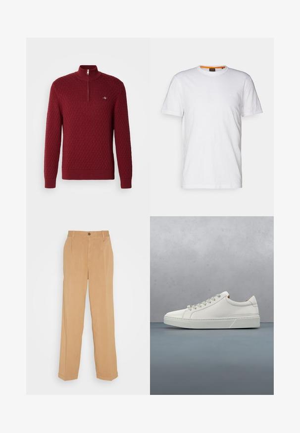 Pull rouge en tricot avec un motif texturé en losanges, col montant et fermeture éclair quart. Présente des poignets et un ourlet côtelés. Détail de logo en petit format inclus.; T-shirt en coton blanc avec un col rond, des manches courtes et un logo en relief subtil sur la poitrine. L'étiquette intérieure a une touche d'orange.; Pantalons larges beiges en tissu doux, dotés de deux poches avant, d'une fermeture à bouton et de plis le long des jambes.; Baskets en cuir blanc avec un bout arrondi, design minimaliste, lacets gris et semelle en caoutchouc gris texturé. Détails de couture subtils visibles.