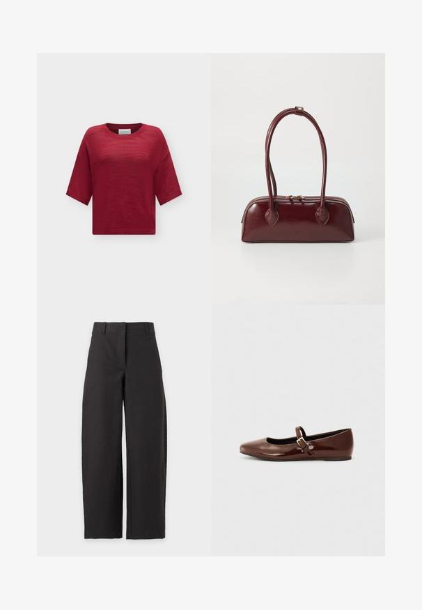 Haut tricoté rouge à manches courtes avec col rond, coupe ample et motif texturé subtil sur fond uni.; Pantalon noir à jambes larges avec taille haute et passants de ceinture, présenté sur fond blanc.; Ballerine en cuir verni marron avec un bout carré et une lanière ornée d'une petite boucle dorée. Texture lisse, talon bas et design minimaliste.; Sac à main en cuir bordeaux avec une forme courbée, deux poignées, fermeture éclair et détails de couture subtils. Fini lisse et brillant.