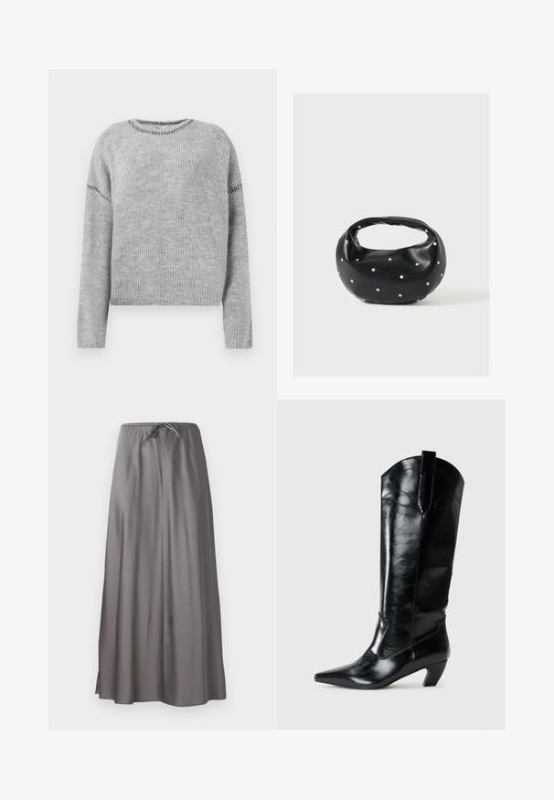 Grå strikket sweater med rund halsudskæring og lange ærmer. Har ribbet struktur og kontrasterende stikninger langs sømmene.; Grå maxi-nederdel lavet af glat, let stof. Har en elastisk talje med snørelukning og sidespidser for nem bevægelse.; Sorte læderknæhøje støvler med spids tå, lav hæl og dekorative syninger på siderne. Glat, blank overflade.; Sort læderhåndtaske med en rundet form, dekoreret med sølvnitter, og et kort håndtag. Glat tekstur og lynlåslukning.