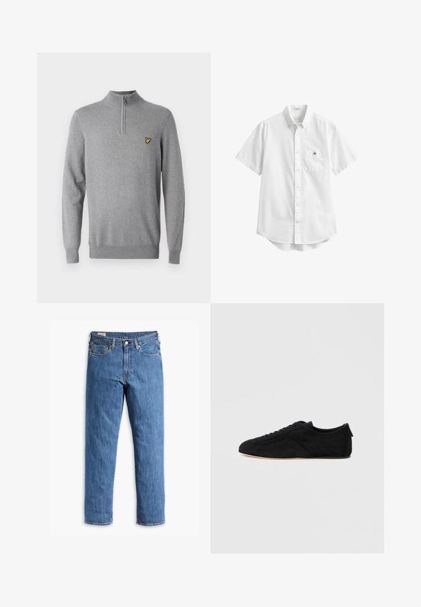 Grå sweater lavet af strikket stof med kvart-zip krave og ribbenmanchetter. Har et lille gult broderet logo på brystet.; Hvid kortærmet skjorte med knapper, brystlomme med lille broderet logo og knappet krave.; Blå denimjeans med lige ben, kobbernitter og fem-lomme design. Har en syet kant og et klassisk taljebånd med bæltestropper.; Sort ruskind lavtop sneaker med snørelukning foran og beige sål, vist fra ydersiden på en lysegrå baggrund.