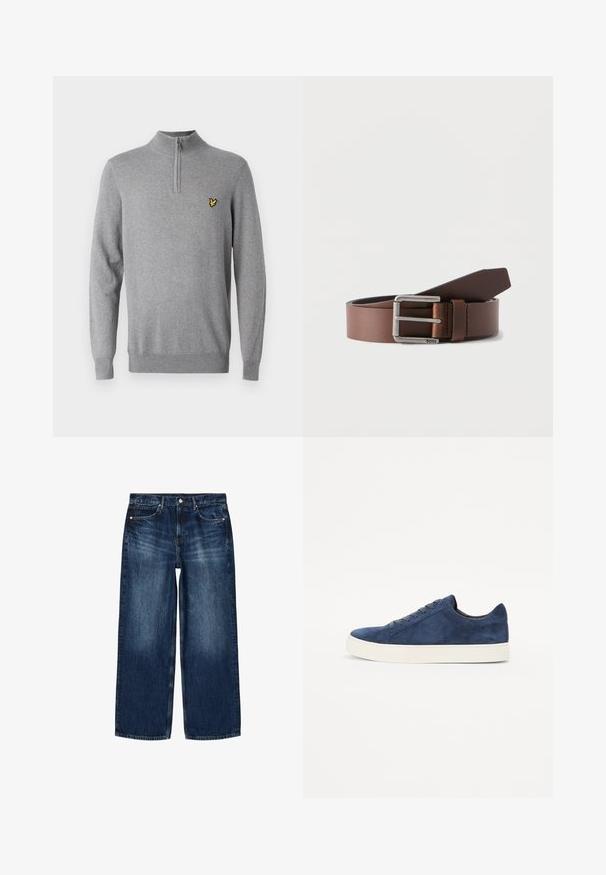 Grijze trui van gebreide stof met een kwart rits kraag en geribbelde manchetten. Bevat een klein geel geborduurd logo op de borst.; Donkerblauwe rechte denimjeans met voorzakken, riemlussen en een knoop-ritssluiting, plat liggend op een witte achtergrond.; Marineblauwe suède sneakers met een ronde neus, vijf veters, een witte rubberen zool en een minimalistisch ontwerp. Glad textuur, geen zichtbare patronen.; Bruine leren riem opgerold met een zilveren rechthoekige gesp en "BOSS" gegraveerd op de gesp tegen een witte achtergrond.