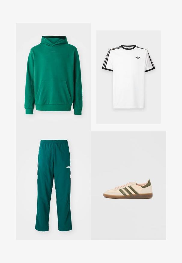 Grüne Kapuzenjacke aus weichem Stoff, mit Kängurutasche, verstellbarer Kapuze und gerippten Bündchen. Schlichtes Design mit minimalem Branding.; Weißes Baumwoll-T-Shirt mit schwarzem Rippenkragen und Ärmeln, mit drei schwarzen Streifen auf jeder Schulter und einem kleinen Logo auf der Brust.; Grüne Sporthose aus leichtem Material, mit elastischem Bund, seitlichen Taschen und weißem Adidas-Logo auf der linken Seite.; Flacher, beigefarbener Adidas Spezial Sneaker mit grünen Streifen, Gummisohle und "SPEZIAL" Schriftzug an der Seite, von der Außenseite gezeigt.