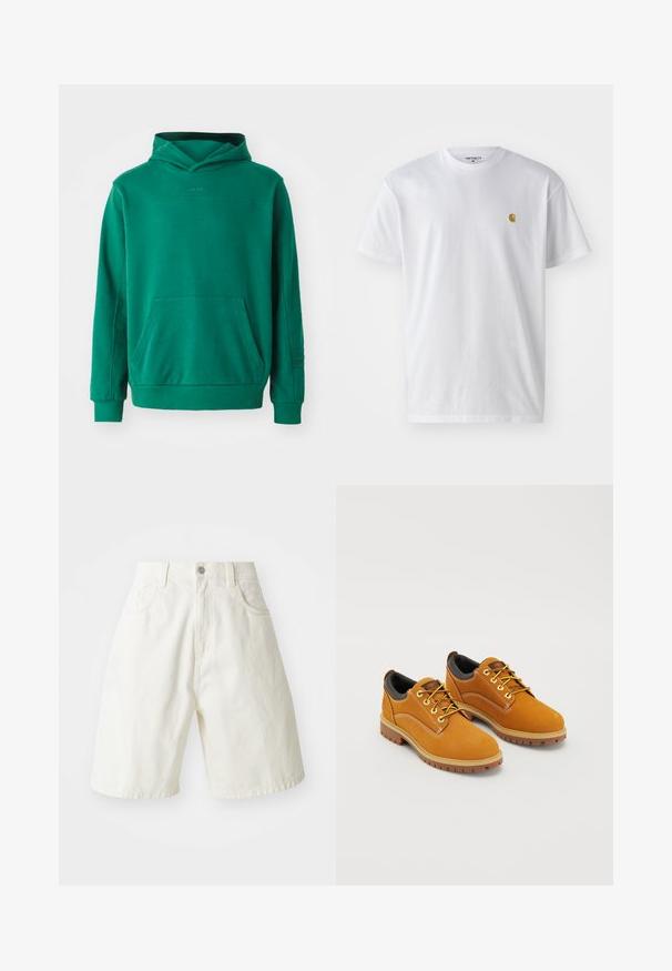 Grüne Kapuzenjacke aus weichem Stoff, mit Kängurutasche, verstellbarer Kapuze und gerippten Bündchen. Schlichtes Design mit minimalem Branding.; Weißes Baumwoll-T-Shirt mit kurzen Ärmeln, Rundhalsausschnitt, mit einem kleinen goldenen Logo im linken Brustbereich. Weicher Stoff und normale Passform.; Weiße Denim-Shorts mit einer lässigen Passform, die einen Bund, fünf Taschen und gerade Beine aufweisen. Der Stoff hat eine feine Textur.; Braune Wildlederschuhe mit einer runden Zehenpartie, gelben Schnürsenkeln, einem gepolsterten schwarzen Kragen und Gummisohlen mit Rillen für besseren Halt.