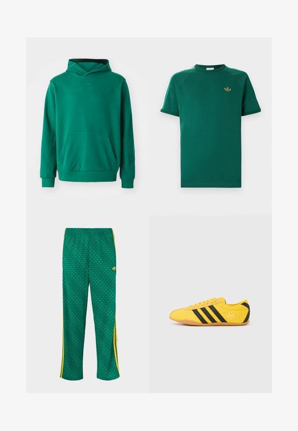 Grüne Kapuzenjacke aus weichem Stoff, mit Kängurutasche, verstellbarer Kapuze und gerippten Bündchen. Schlichtes Design mit minimalem Branding.; Grünes Adidas-T-Shirt mit kurzen Ärmeln und Rundhalsausschnitt, goldenem Trefoil-Logo auf der Brust und weißen Streifen mit grünen Kanten entlang der Schultern.; Grüne Sporthose mit blattförmigem Muster, elastischem Bund, gelben Seitenstreifen und lockerem Schnitt.; Gelber Sportschuh mit strukturiertem Obermaterial, verziert mit schwarzen Streifen und Logo. Abgerundete Spitze, weiche Sohle und Zickzackmuster auf dem Material.