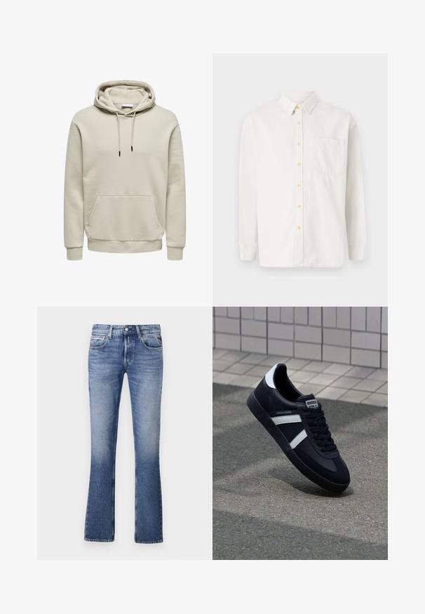 Beige hættetrøje med snore, kængurulomme, ribkanter ved ærmer og kant, vist på hvid baggrund.; Hvid langærmet skjorte lavet af bomuldsblanding, med knap-til-forset krave, gule knapper og en enkelt brystlomme. Klassisk pasform.; Lyseblå denimjeans med en udvidet ben-design, der har fem lommer, en knaplukning foran og diskret falmning overalt.; Sort lædersneaker med hvide striber, tekstureret gummisål og snørrebånd foran. Har et brandet mærke på tungen.