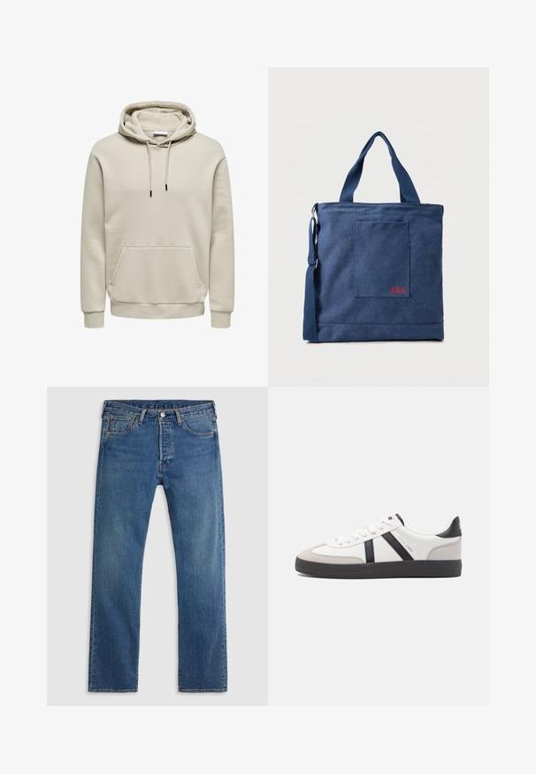 Beige hættetrøje med snore, kængurulomme, ribkanter ved ærmer og kant, vist på hvid baggrund.; Blå straight-leg denimjeans med fem lommer, bæltestropper og lukning med knap og lynlås foran på en ensfarvet baggrund.; Hvide sneakers med sorte og grå detaljer, med en tekstureret grå tåhætte, sort gummisål og flade hvide snørebånd. Rent design, minimalistisk stil.; Blå lærredstote taske med frontlomme og rød "O.N.S" broderi, med to håndtag og en justerbar skulderrem.