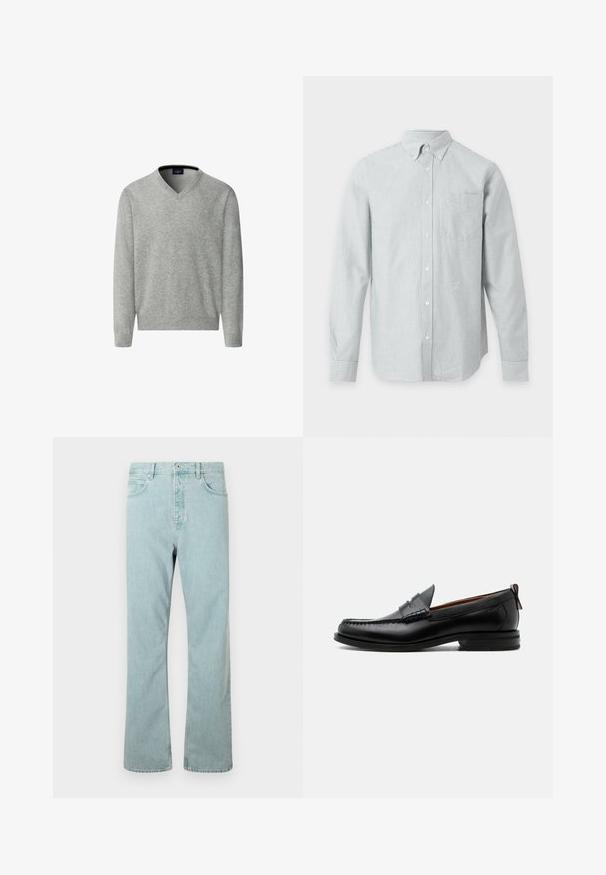 Hackett London Svetrík - metal grey; Košeľa s dlhým rukávom na zapínanie s tenkými vertikálnymi sivými a bielymi pruhmi a jedným náprsníkom na jednofarebnom pozadí.; Svetlomodré džíny z denimu so strihom s rovnými nohavicami, piatimi vreckami a jedným gombíkom na zapínanie. Dokončené jemnými detailmi šitia.; Čierny kožený pánsky mokasín s prešitím moc toe, penny remienkom, textúrovaným golierom a nízkym vrstveným podpätkom na bielom pozadí.