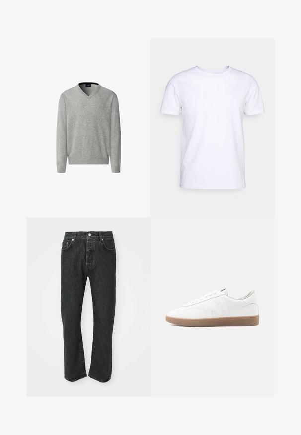Hackett London Svetrík - metal grey; Biela kratkosrstá bavlnená tričko s okrúhlym výstrihom. Jednoduchý dizajn bez vzorov alebo akcentov. Hladká textúra.; Čierne džínsy s rovnými nohavicami, so zapínaním na prednom gombíku a zips, predné a zadné vrecká viditeľné na bielom pozadí.; Biela nízka teniska s podrážkou z gumovej gumy, prešitými detailmi a zaväzovaním na šnúrky na neutrálnom pozadí.