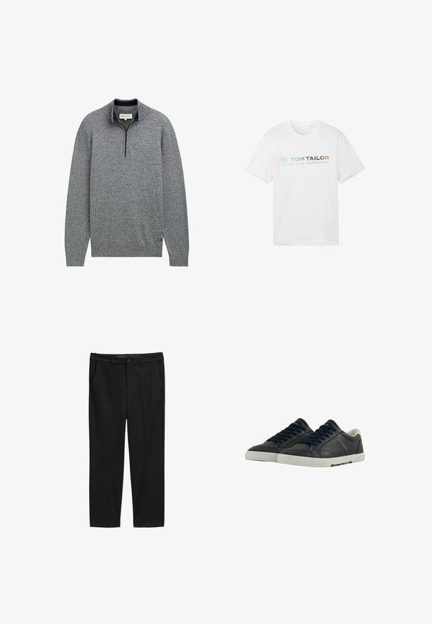 Grå pullover sweater med lynlåskrave, der har et struktureret strikmønster og en blå accent ved kanten med et logodetalje.; Hvid bomulds t-shirt med rund hals, korte ærmer og fronttryk: "TOM TAILOR" med "ESSENTIALS SINCE NINETEEN SIXTY-2."; Sorte bukser med lige snit, lavet af tekstureret stof. Har to forlommer og en knaplukning i taljen.; Marine læder sneakers med hvide gummisåler, rund tå og sorte snørebånd. Subtile teksturer og branding på siderne. Casual design.