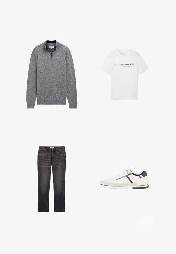 Grijze trui met een ritskraag, uitgerust met een gestructureerd breipatroon en een blauwe accenten aan de zoom met een logo-detail.; Witte katoenen t-shirt met een ronde hals, korte mouwen en een voorpandprint: "TOM TAILOR" met "ESSENTIALS SINCE NINETEEN SIXTY-2."; Donkergrijze denim jeans met een rechte pijpdesign, voorzakken en knoopsluiting. Bevat subtiele vervaging en stikselaccenten.; Witte lage sneaker met zijrits, marineblauwe en rode accenten, een zwart hielstuk en "Tom Tailor" branding langs de zijkant.