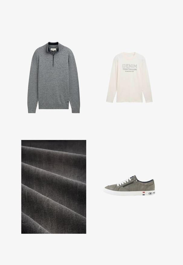 Suéter gris de pullover con cuello de cremallera, que presenta un patrón de punto texturizado y un acento azul en el dobladillo con un detalle de logo.; Camisa de manga larga de color crema claro con cuello redondo, que presenta un gráfico de logotipo impreso en gris que dice "DENIM TOM TAILOR ESTABLISHED 2007".; Tejido gris oscuro con una textura suave, exhibido en pliegues. La trama es ajustada, mostrando una superficie lisa y uniforme.; Zapatilla deportiva baja gris con cordones blancos, cremallera lateral y suela blanca con franjas rojas, blancas y azules y marca Tom Tailor.