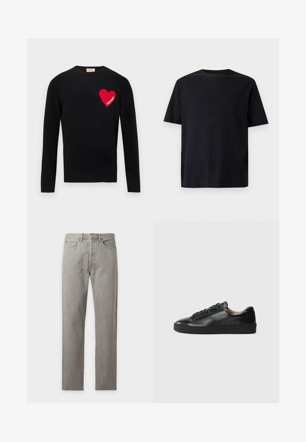 Pull en tricot noir avec un cœur rouge et le texte "FUTURE" sur la poitrine gauche. Design à col rond avec manches longues et poignets côtelés.; T-shirt noir à manches courtes et col rond avec un motif texturé subtil sur fond uni gris clair.; Jean denim gris coupe droite avec fermeture devant par bouton et zip, passants de ceinture et design cinq poches sur fond blanc.; Baskets en cuir noir avec une texture lisse, bout rond et fermeture à lacets. Comprend une semelle en caoutchouc épaisse et un minimum de détails de marque.