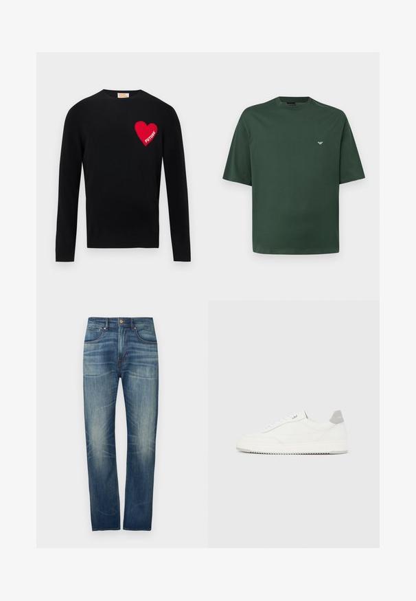 Pull en tricot noir avec un cœur rouge et le texte "FUTURE" sur la poitrine gauche. Design à col rond avec manches longues et poignets côtelés.; T-shirt vert foncé à manches courtes et col rond avec un petit logo blanc sur la poitrine gauche, présenté sur un fond gris clair uni.; Jean en denim bleu foncé à coupe droite, avec un léger délavage, cinq poches et une fermeture par bouton à la taille.; Baskets basses blanches avec un onglet de talon gris, des lacets blancs et une semelle texturée, présentées sur un fond uni clair.
