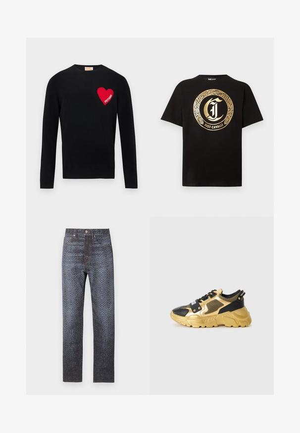 Pull en tricot noir avec un cœur rouge et le texte "FUTURE" sur la poitrine gauche. Design à col rond avec manches longues et poignets côtelés.; T-shirt noir à manches courtes avec un grand motif circulaire doré représentant un serpent et une lettre "J" ornée au centre, texte "JUST CAVALLI" en dessous.; Jean bleu foncé taille haute avec un motif léopard subtil, fermeture à boutons sur le devant, fermeture éclair et détails de surpiqûres orange.; Baskets noires et dorées avec un dessus en maille, une semelle épaisse et des accessoires décoratifs. Présente un patch logo bien en évidence au niveau du laçage.