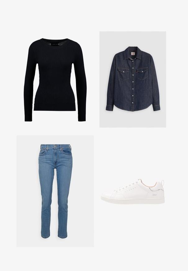 Suéter negro de manga larga con costillas, de cuello redondo y silueta ajustada. La textura es suave con un ligero estiramiento en todo el tejido.; Camisa de denim azul oscuro con mangas largas, cierre de botones en la parte delantera, dos bolsillos en el pecho con solapas y costuras amarillas en contraste.; Jeans de mezclilla azul claro con corte slim, que cuentan con cinco bolsillos, cierre de cremallera y costuras en contraste. Textura suave, diseño clásico.; Zapatilla de cuero blanco con punta redonda, seis ojales, detalles perforados, sutiles acentos de plástico y suela de goma texturizada.