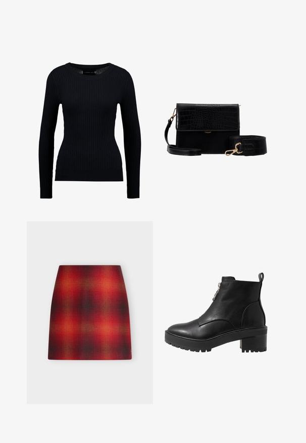 Sort ribbet langærmet sweater med rund halsudskæring og tætsiddende silhuet. Teksturen er glat med en subtil strækbarhed.; Rødt og sort gradient ternet A-formet nederdel med subtile orange fremhævelser og en lige linning på en hvid baggrund.; Sort læder ankelstøvle med lynlåslukning på siden, kraftig sort hæl og en struktureret sål for godt greb. Glat overflade med minimalt udsmykning.; Sort faux læder crossbody taske med krokodillestruktur, guldhardware og en aftagelig rem. Har klaplukning og indvendigt rum.
