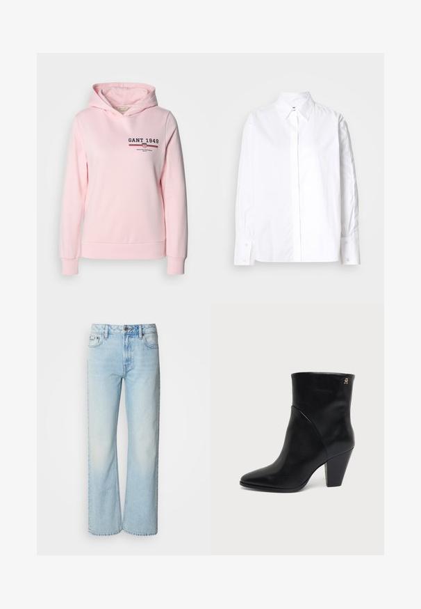 Lyserød hoodie lavet af bomuldsblanding, med et logo på forsiden og vandrette striber. Den har en hætte med snor og ribbet manchetter og kant.; Hvid skjorte med klassisk krave, lange ærmer og manchetter. Fremstillet af glat stof, den har en midt foran placket.; Lyseblå brede jeans lavet af denim med et klassisk fem-lomme design og en subtil falmet tekstur. Denim-syninger er synlige.; Sort læderankelstøvle med spids tå, blokhæl og lille gyldent logo nær den øverste kant på ydersiden.