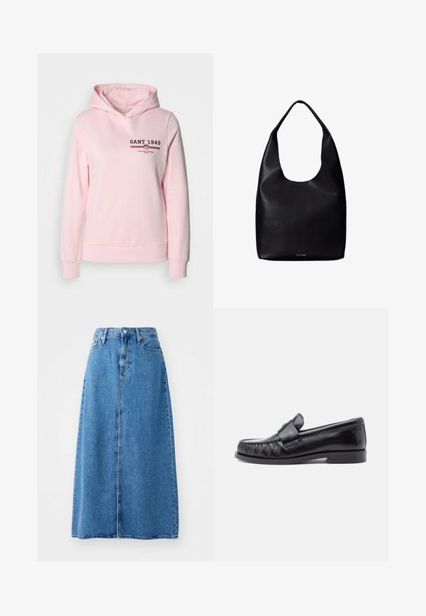 Lyserød hoodie lavet af bomuldsblanding, med et logo på forsiden og vandrette striber. Den har en hætte med snor og ribbet manchetter og kant.; Blå denim maxi nederdel med frontknaplukning, to lommer og lige design med rå kant. Klassisk og alsidig.; Sorte læderloafers med rundet tå, karakteristisk syning og en dekorativ rem over vampen. Glat finish og lav hæl.; Sort læder shoppertaske med en bred enkelt skulderrem og et subtilt Calvin Klein-logo nederst i midten.