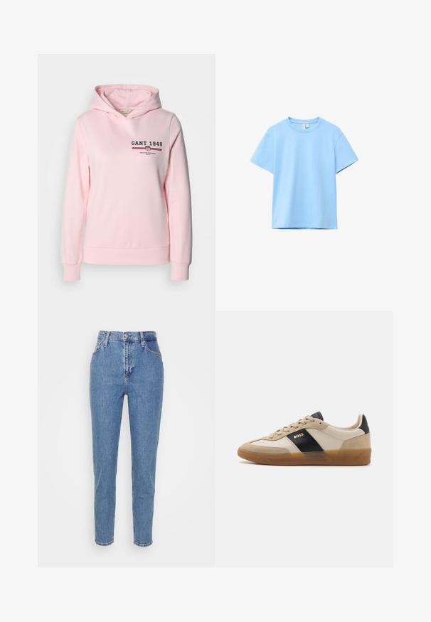Lyserød hoodie lavet af bomuldsblanding, med et logo på forsiden og vandrette striber. Den har en hætte med snor og ribbet manchetter og kant.; Lyseblå kortærmet bomulds T-shirt med rund halsudskæring, ensfarvet design og synlig mærkat på nakken på en hvid baggrund.; Blå højtaljede lige jeans med frontknap og lynlås, bæltestropper og lommer, præsenteret på en ensfarvet hvid baggrund.; BOSS BRENTA - Sneakers - medium beige