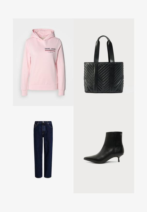 Lyserød hoodie lavet af bomuldsblanding, med et logo på forsiden og vandrette striber. Den har en hætte med snor og ribbet manchetter og kant.; Mørkeblå denim jeans med lige ben-design, der har høj talje, fem-lomme-stil og kontrastsyninger. Ingen dekorationer.; Sort læder ankelstøvle med spids tå og lav kitten hæl på lys baggrund, der viser yderside.; Sort quiltet tote-taske med chevronmønster, med flade håndtag og prægede logoer på siderne. Fremstillet af glat læder.