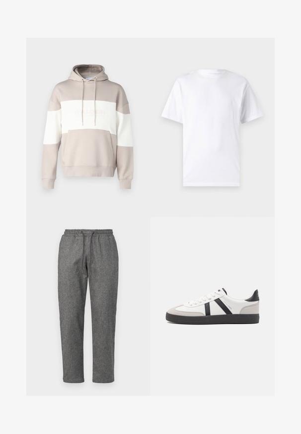 Sweat à capuche beige avec des rayures horizontales blanches. Il possède une poche avant et un cordon de serrage, fabriqué en coton mélangé doux.; T-shirt blanc à manches courtes en coton avec un col rond, présentant une texture lisse et un design simple, sans motifs ni accents.; Pantalons de survêtement gris en tricot avec une taille à cordon de serrage, des jambes fuselées et un motif texturé subtil sur l'ensemble du tissu.; Baskets blanches avec des accents noirs et gris, présentant un embout texturé gris, une semelle en caoutchouc noir et des lacets plats blancs. Design épuré, style minimaliste.
