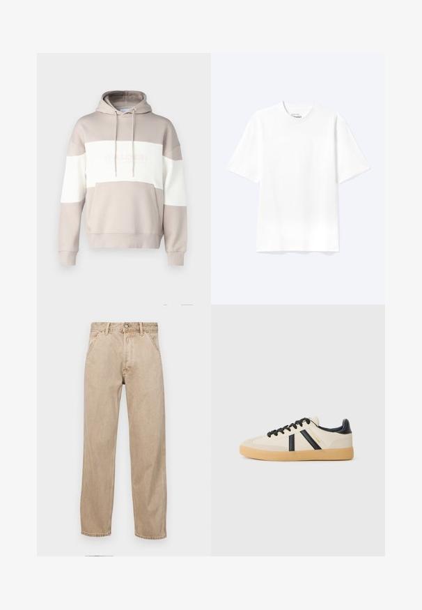 Sweat à capuche beige avec des rayures horizontales blanches. Il possède une poche avant et un cordon de serrage, fabriqué en coton mélangé doux.; T-shirt blanc uni à manches courtes et col rond avec une coupe décontractée, présenté sur un fond clair.; Jeans en denim beige avec une coupe droite, dotés de poches avant, d'une fermeture à bouton en métal et d'une texture subtile.; Baskets décontractées en crème avec des rayures noires, présentant un dessus texturé et une semelle en caoutchouc. Les lacets sont noirs. Logo discret sur le côté.