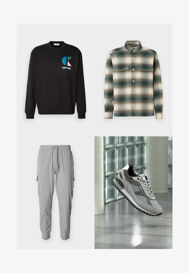 Zwarte sweatshirt met ronde hals en lange mouwen, voorzien van een kleurrijk CK-logo in blauw, groen en roze op de voorkant. Gladde textuur.; Geruite shirt in tinten groen, beige en bruin. Gemaakt van gestructureerde stof met een knoopsluiting aan de voorkant en twee borstzakken.; Lichtgrijze cargobroek met elastische tailleband, trekkoord, zijflappzakken en taps toelopende enkels.; Grijze en zwarte BOSS sneaker met gestructureerde zool, mesh- en suède panelen, veters en een merklogo die binnenshuis zweven op een reflecterende vloer.