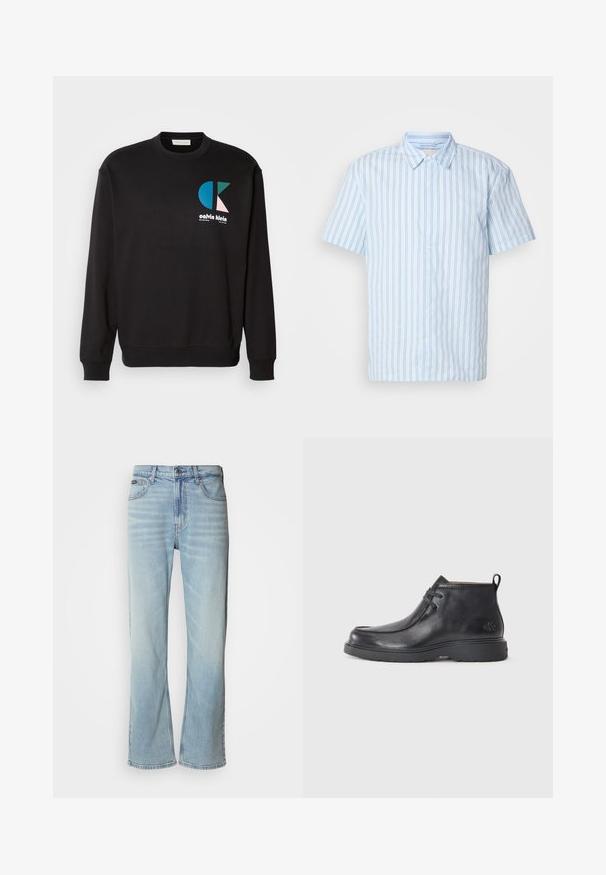Sweatshirt noir avec col rond et manches longues, présentant un logo CK coloré en bleu, vert et rose sur le devant. Texture lisse.; Chemise à manches courtes en tissu bleu clair avec des rayures verticales. Elle possède un col pointu et des boutons blancs sur le devant.; Jeans en denim bleu clair avec une coupe droite, dotés de cinq poches, d'une fermeture à bouton et d'une légère décoloration sur le tissu.; Bottes noires en cuir à talon arrondi, avec un design à lacets et une languette à l'arrière. Tige texturée et semelle en caoutchouc.