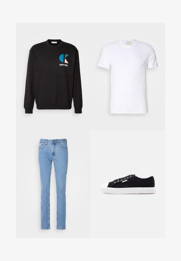 Schwarzes Sweatshirt mit Rundhalsausschnitt und langen Ärmeln, mit einem bunten CK-Logo in Blau, Grün und Pink auf der Vorderseite. Glatte Textur.; Weißes Baumwoll-T-Shirt mit Rundhalsausschnitt, kurzen Ärmeln und einem kleinen gestickten Logo auf der linken Brust. Geschmeidige Textur.; Helle blaue Jeans mit geradem Schnitt, Fünf-Taschen-Styling und einem Standardbund mit Schlaufe für einen Gürtel.; Schwarzer Canvas-Sneaker im Low-Top-Stil mit weißer Gummisohle und Zehenkappe, Metallösen und einem kleinen Calvin Klein Logo-Tag an der Seite.