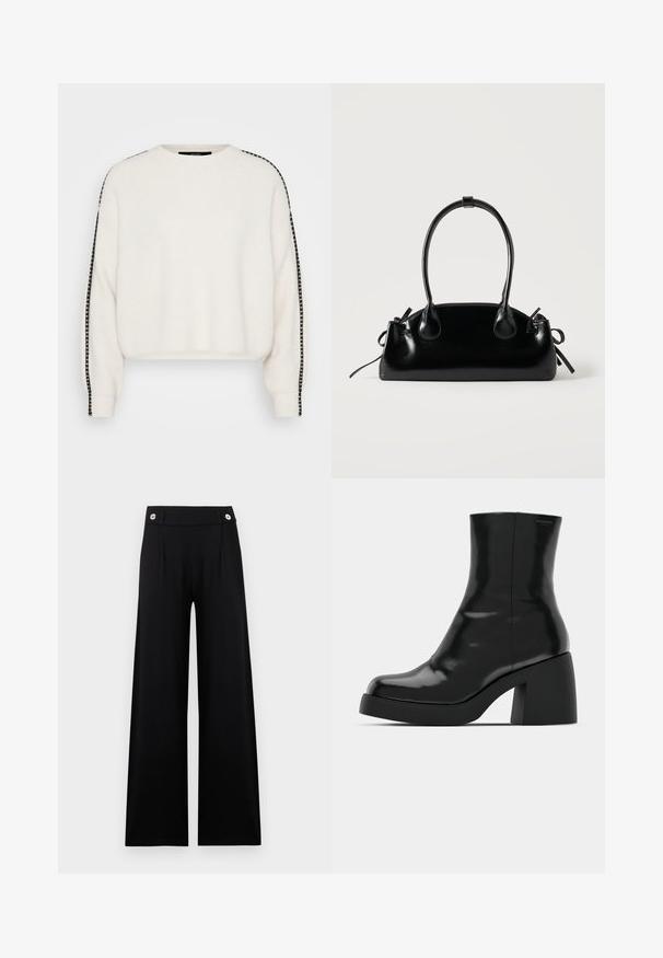 Λευκό πουλόβερ από ριμπ πλέξη με μακριά μανίκια και μαύρες ρίγες κατά μήκος των πλευρών. Στρογγυλή λαιμόκοψη και χαλαρή εφαρμογή. Λείος υφασμάτινος χαρακτήρας.; Μαύρο παντελόνι με φαρδιά μπατζάκια και ψηλή μέση, με δύο ασημένια κουμπιά στη ζώνη, σε απλό ανοιχτό φόντο.; Μαύρες μπότες μέχρι τον αστράγαλο με γυαλιστερό φινίρισμα, τετράγωνη μύτη και χοντρό τακούνι. Ο σχεδιασμός περιλαμβάνει μια χωρίς ραφές σιλουέτα και ελάχιστη επωνυμία.; Μικρή μαύρη γυαλιστερή τσάντα με δύο μακριές λαβές και λεπτομέρειες με ρυθμιζόμενο κορδόνι στο πλάι σε απλό ανοιχτό φόντο.