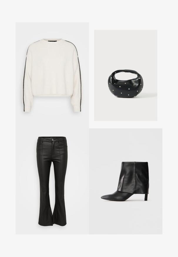 Pull en maille côtelée blanche avec des manches longues et des rayures noires sur les côtés. Col rond et coupe décontractée. Texture lisse.; Pantalons évasés noirs avec une texture brillante semblable au cuir, présentant des poches avant, une fermeture à bouton et des fentes sur les côtés à l'ourlet.; Botte noire en cuir mi-mollet avec bout pointu, tige supérieure repliée et petit talon élancé, se tenant sur fond blanc.; Sac à main en cuir noir de forme arrondie, décoré de clous argentés et équipé d'une poignée courte. Texture lisse et fermeture éclair.
