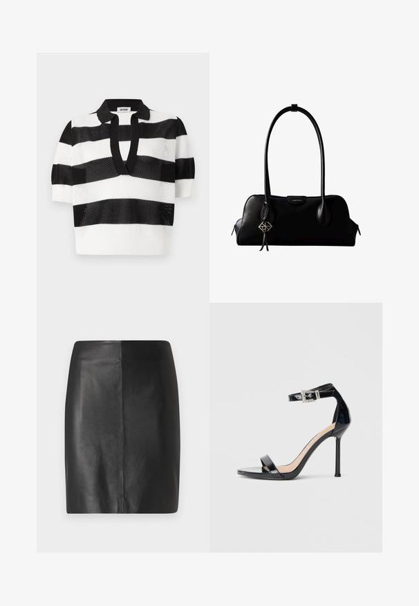 Polo de punto a rayas black and white con mangas cortas, que presenta una textura de malla y un cuello negro en contraste.; Falda de cuero negro con un diseño ajustado y textura suave, que presenta una costura central en el frente y una silueta limpia y minimalista.; Sandalia de tacón alto en piel sintética negra con correa en el tobillo. Presenta un diseño minimalista, punta abierta y una hebilla con detalles de pedrería.; Bolso de mano negro de cuero Calvin Klein con asas largas, una etiqueta con el logo frontal y un colgante geométrico plateado que cuelga de una de las asas.