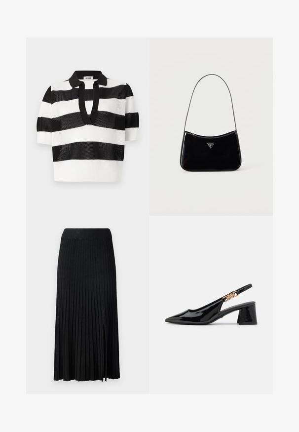 Polo de punto a rayas black and white con mangas cortas, que presenta una textura de malla y un cuello negro en contraste.; Falda midi plisada negra con cinturilla acanalada, con tejido texturizado, abertura lateral y líneas verticales en todo el diseño.; Zapatos de charol negro con tacón de pala y puntera afilada, con detalles en tono dorado en la correa, que presentan un tacón cuadrado. Textura suave.; Bolso de hombro de charol negro con correa delgada, logotipo triangular de Guess en el frente y cierre superior con cremallera.
