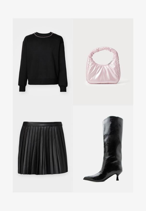 Sweatshirt noir avec un col ras du cou, des manches longues, des poignets et un ourlet côtelés. Présente une rangée de petites perles décoratives le long du col.; Jupe mini plissée en cuir noir avec une ceinture lisse, présentant des plis verticaux et un design propre et structuré.; Botte en cuir noire brillante, haute jusqu'au genou, avec bout pointu et talon bas courbé sur un fond clair uni.; Sac à main rose rembourré avec un design arrondi, fabriqué à partir d'un matériau brillant. Dispose d'une poignée froncée et d'une fermeture éclair pour un accès sécurisé.