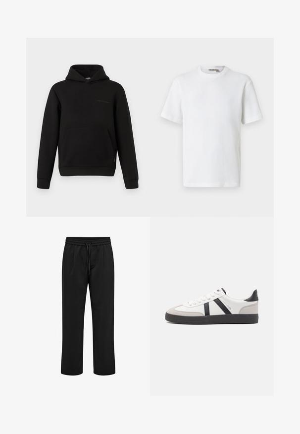 Zwarte hoodie met een voorzak, lange mouwen en een kleine horizontale naaddetail op de linkerborst tegen een witte achtergrond.; Wit T-shirt met korte mouwen, wafelstructuur en ronde hals, met een klein merkembleem aan de binnenkant van de kraag, afgebeeld op een effen achtergrond.; Zwarte casual broek met elastische tailleband en trekkoord, rechte pijp en voorplooien.; Witte sneaker met zwarte en grijze accenten, voorzien van een grijze neus met textuur, zwarte rubberen zool en platte witte veters. Schoon ontwerp, minimalistische stijl.