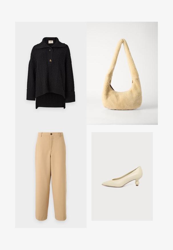 Mustan neulotun poolon, jossa on tekstuurinen kuvio, korkea kaulus ja napitus. Ribattu hihansuut ja helma, jossa on kolmiomainen kultainen yksityiskohta.; CLOSED WRENNA - Housut - urban beige; Kermanvärinen, kärkikärkinen avokas, jossa on matala ja ainutlaatuinen hehkulamppumainen korko yksivärisellä valkoisella taustalla.; Beige shearling olkalaukku, jossa on kaareva kahva ja pyöreä muoto. Tekstuuriltaan se on pehmeä ja pörröinen, ja siinä on vain vähäisiä metallikoristeita.