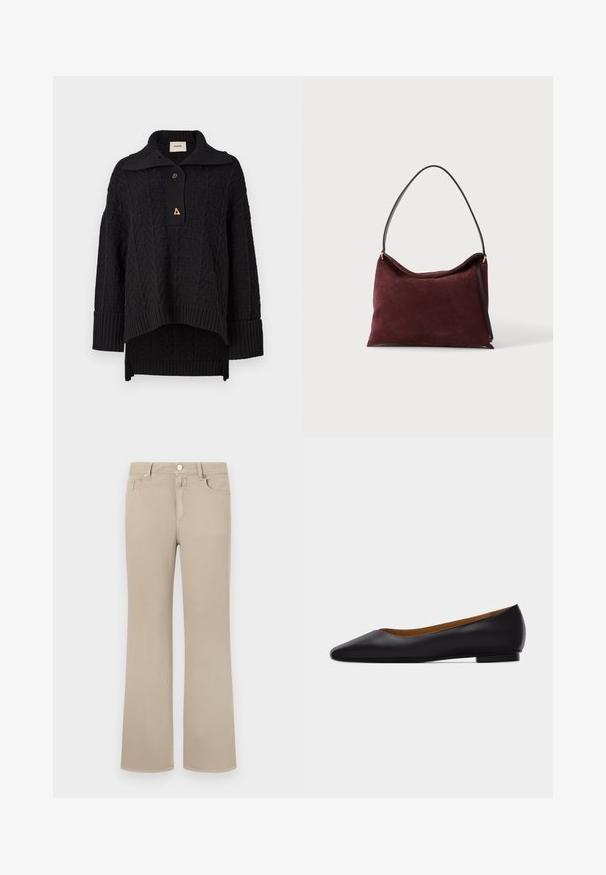 Pull noir en tricot avec un motif texturé, col montant et fermeture à bouton. Manches et ourlet côtelés, avec un accent triangulaire doré.; Jean évasé beige en coton doux. Il présente un design classique à cinq poches, un bouton de fermeture et des coutures soignées le long des bords.; Chaussure plate en cuir noir à bout pointu avec talon bas et finition lisse, vue de côté sur un fond gris clair.; Sac à main en daim bordeaux doux avec bandoulière noire et ferrures dorées, présenté sur fond blanc.