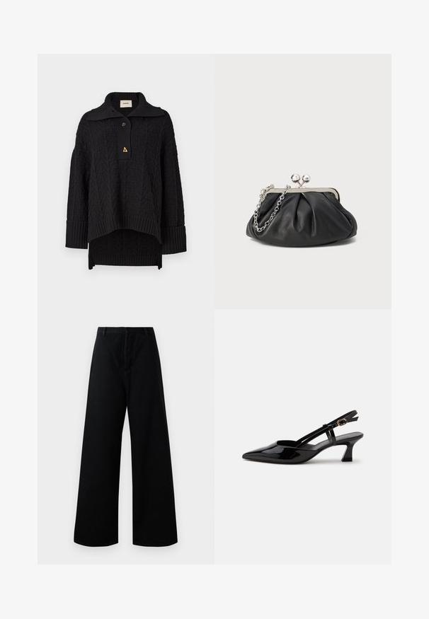 Pull noir en tricot avec un motif texturé, col montant et fermeture à bouton. Manches et ourlet côtelés, avec un accent triangulaire doré.; Pantalons larges noirs en coton, dotés d'une taille haute, de poches avant et d'un design épuré et simple avec des détails de couture minimaux.; Chaussure slingback en cuir verni noir à petit talon, bout pointu et bride réglable avec boucle dorée sur fond blanc.; Porte-monnaie en cuir noir avec texture froncée, cadre en métal argenté, fermeture à verrouillage kiss-lock et bandoulière en chaîne. Surface lisse et douce.