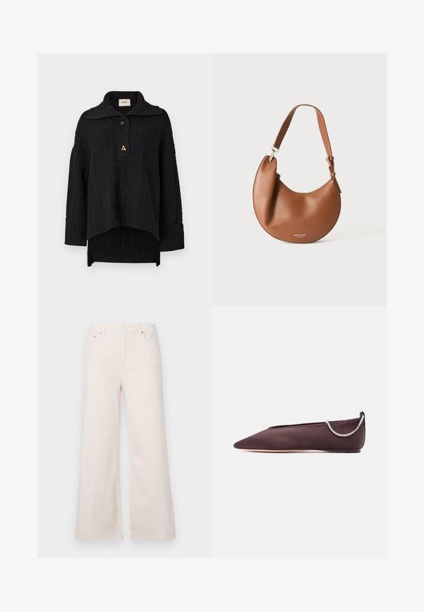 Pull noir en tricot avec un motif texturé, col montant et fermeture à bouton. Manches et ourlet côtelés, avec un accent triangulaire doré.; Pantalons en denim beige clair à jambes larges, taille haute, avec cinq poches et une fermeture à bouton à l'avant. Texture lisse, détails de couture minimalistes.; Chaussure plate marron foncé à bout pointu avec un petit talon et un détail chaîne en strass argentée à l'arrière.; Sac d'épaule en cuir marron en forme de croissant avec une bandoulière réglable et un petit texte logo argenté en bas au centre.