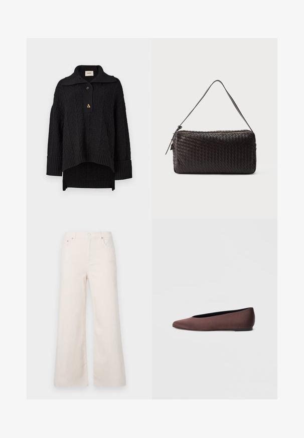 Sort strikket pullover med et struktureret mønster, høj krave og knaplukning. Ribbet manchetter og kant, med et trekantet guldaccent.; Bredde ben, lysebeige denimbukser med høj talje, fem lommer og knaplukning foran. Glat tekstur, minimale syningsdetaljer.; Brune balletflade sko i stof med spids tå og glat tekstur, med lav hælkappe og tynd sort sål. Ingen synlige mønstre eller beslag.; Sort rektangulær skuldertaske med flettet læderdesign og guldfarvet lynlås mod ensfarvet baggrund.