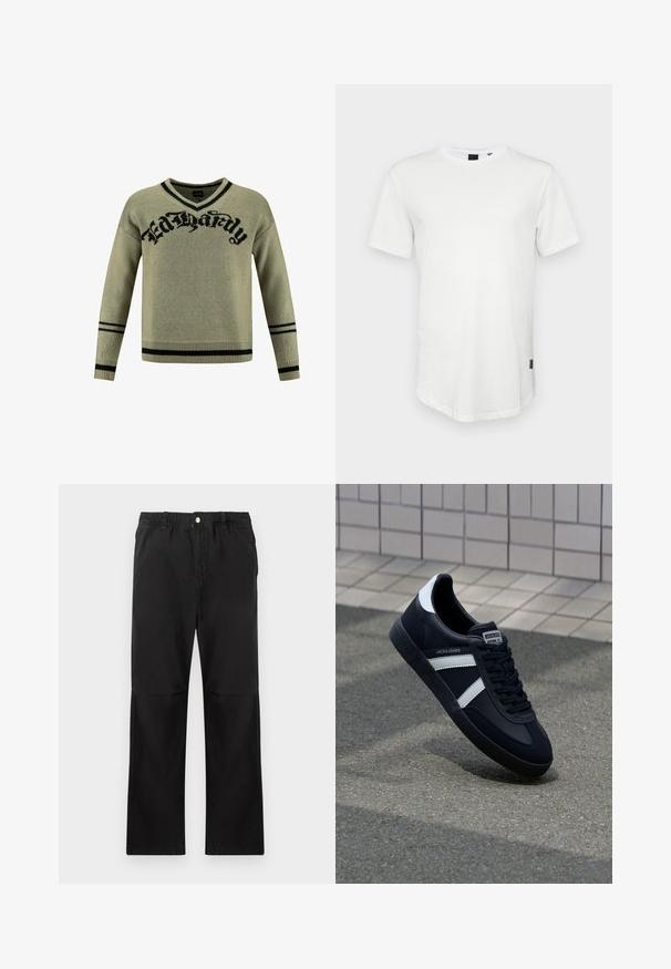 Suéter de punto verde con un logo gráfico negro "Ed Hardy", diseño de escote en V y acentos a rayas negras en los puños y el dobladillo.; Camiseta blanca de manga corta hecha de algodón, con un escote redondo y una parte trasera ligeramente alargada, con un pequeño logotipo en el lateral.; Pantalones negros de algodón con una cintura elástica, que cuentan con un diseño de pierna recta, textura suave y sin acentos ni patrones visibles.; Zapatilla de cuero negra con rayas blancas, suela de goma texturizada y parte frontal con cordones. Cuenta con una etiqueta de marca en la lengüeta.