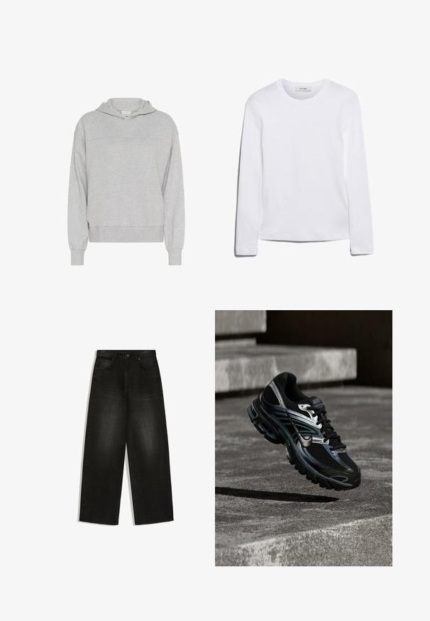 Kaffe KALIV - Sweat à capuche - grey melange; T-shirt blanc à manches longues en coton côtelé, avec un col rond et un ourlet droit. Design simple sans motifs ni accents.; Jean en denim noir à jambes larges, fermeture devant par bouton et zip, passants de ceinture et deux poches avant sur fond blanc.; Chaussure de running Nike noire et argent flottant au-dessus de marches en béton, montrant un design détaillé et une semelle texturée en extérieur.