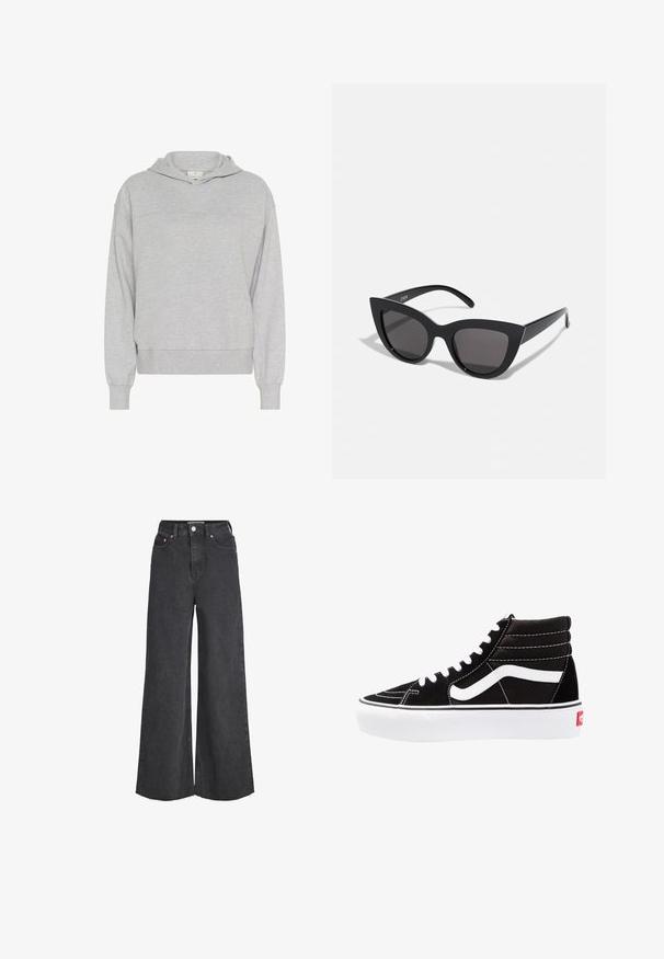 Kaffe KALIV - Sweat à capuche - grey melange; Jean noir taille haute à jambes larges avec fermeture à boutons et fermeture éclair devant, poches avant et ourlets effilochés.; Baskets montantes noires avec des lacets blancs, un logo blanc et des coutures blanches contrastées. Dotées d'une épaisse semelle blanche et d'un dessus en daim texturé.; Lunettes de soleil noires en forme d'œil de chat avec une finition mate, dotées de verres teintés gris, d'angles aigus et de branches élégantes. Nom de la marque visible sur la branche intérieure.