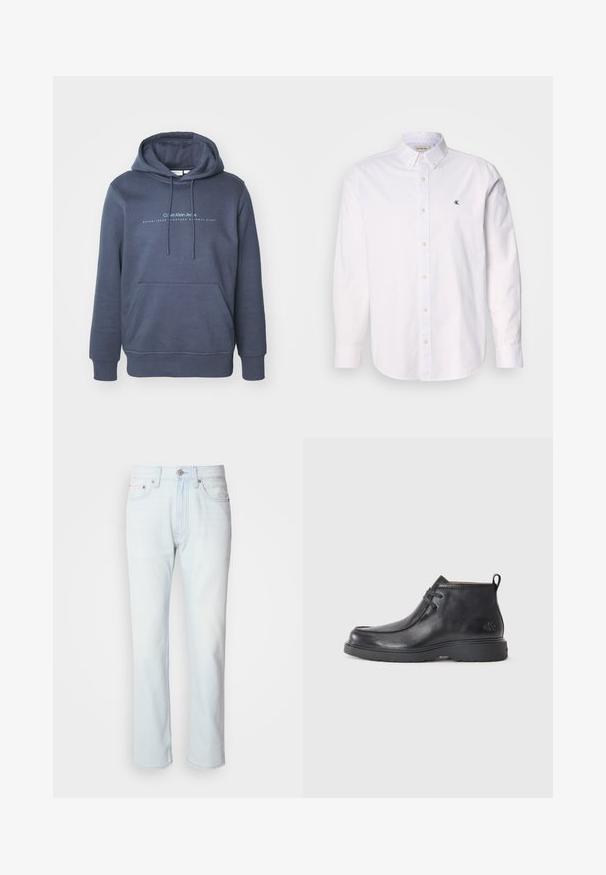 Námornícky modrý bavlnený mikina s prednou vreckom, kapucňou so šnúrkami a textovou grafikou "Calvin Klein Jeans" na hrudi. Hladká textúra.; Biela košeľa s gombíkmi vyrobená z bavlny, s klasickým golierom, dlhými rukávmi a malým logom CK na ľavej hrudi. Hladká textúra.; Svetlomodré riflové nohavice so strihom rovného nohavice. Majú gombíkový uzáver a pútka na opasok, pričom preukazujú vyblednutú štruktúru a minimálne šitie.; Čierne kožené členkové čižmy s okrúhlou špičkou, šnurovací dizajn a pútko na zadnej strane. Štruktúrovaný zvršok a gumová podrážka.