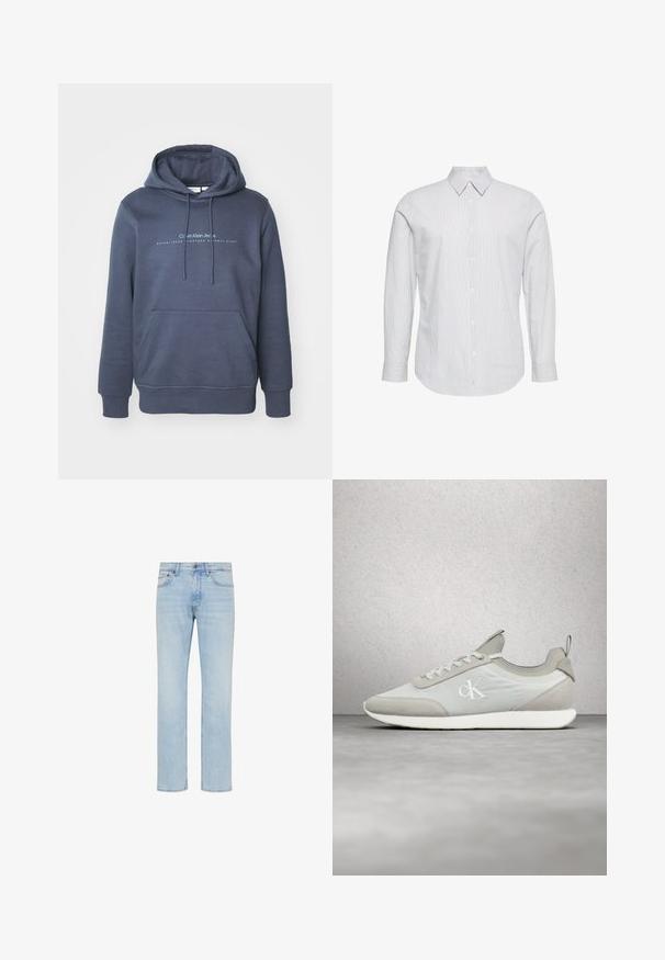 Námornícky modrý bavlnený mikina s prednou vreckom, kapucňou so šnúrkami a textovou grafikou "Calvin Klein Jeans" na hrudi. Hladká textúra.; Košeľa s dlhým rukávom so zapínaním na gombíky v svetlomodrom a bielom pruhovaní. Ľahká látka, klasický golier a zapínanie na gombíky vpredu.; Svetlomodré rifle s rovnými nohavicami, predným gombíkom, zipsom a dizajnom s piatimi vreckami zobrazené na bielom pozadí.; Biela a béžová šnurovacia teniska s logom "ck" na boku, zobrazená vo vzduchu na pozadí rozmazaného moderného skleneného a betónového prostredia.