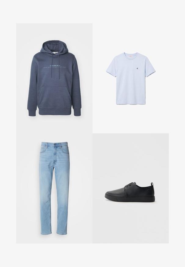 Tume sinine puuvillane dressipluus, millel on eesmine tasku, nööriga kapuuts ja "Calvin Klein Jeans" tekstigraafika rinnal. Sile tekstuur.; Silmast hele sinine lühikeste varrukatega kõrge kaelusega T-särk väikese musta "cK" logoga vasakul rinnal.; Heledad sinine teksapüksid sirge lõikega, viie tasku ja vöökohtadega. Kanga pind on sile ja seal on kerge fade-efekt.; Mustaläik nahast spordijalatsid siledaga viimistlusega, ümarate varvastega, sama tooni õmblustega, nööbid ees, ja lamedate kummist tallaga. Kannas aas.
