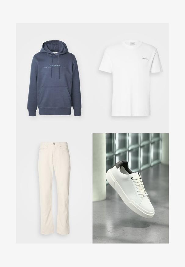Námornícky modrý bavlnený mikina s prednou vreckom, kapucňou so šnúrkami a textovou grafikou "Calvin Klein Jeans" na hrudi. Hladká textúra.; Biela bavlnená tričko s krátkymi rukávmi a okrúhlym výstrihom. Na ľavej strane hrude sa nachádza malé čierne logo "Calvin Klein".; Béžové bavlnené džínsy s klasickým strihom rovného nohu, so zapínaním na prednom tlačidle, piatimi vreckami a jemnými detailmi v šití.; Biela nízka teniska s čiernou textúrovanou pätkou, bielymi šnúrkami a hrubou podrážkou na leštenej betónovej podlahe pri sklenených blokoch.